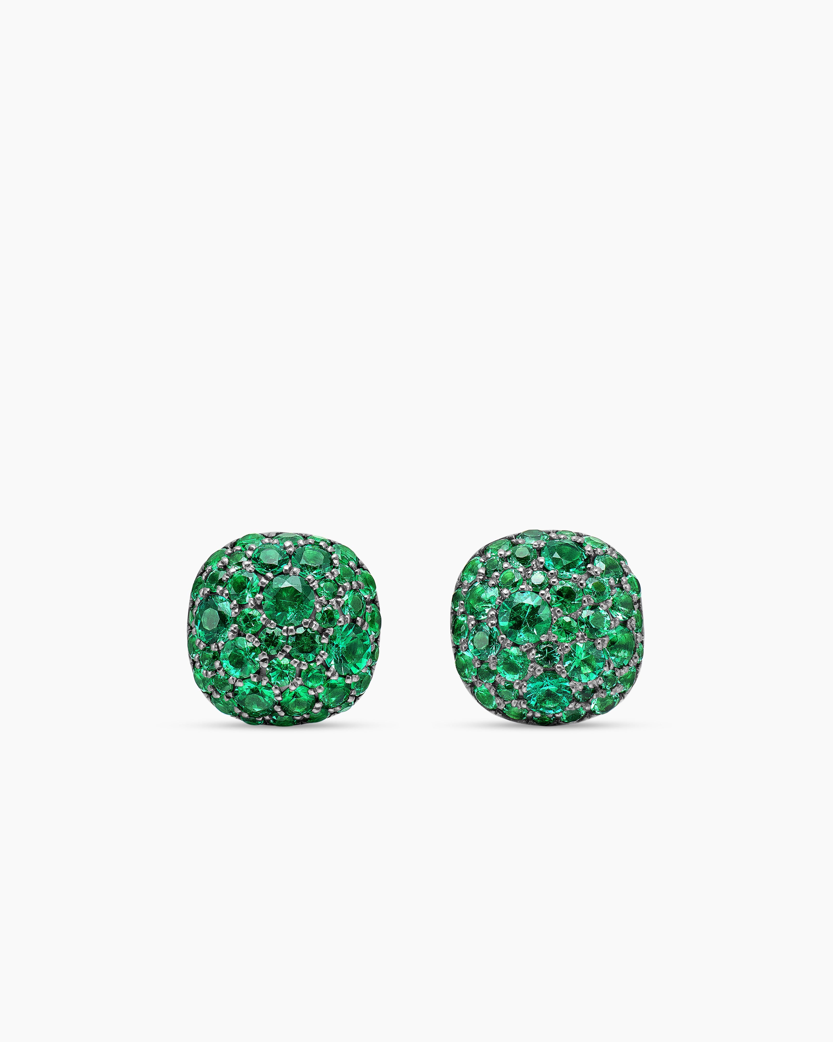 Cushion Stud Earrings 18K White Gold with Pavé Emeralds, 8mm