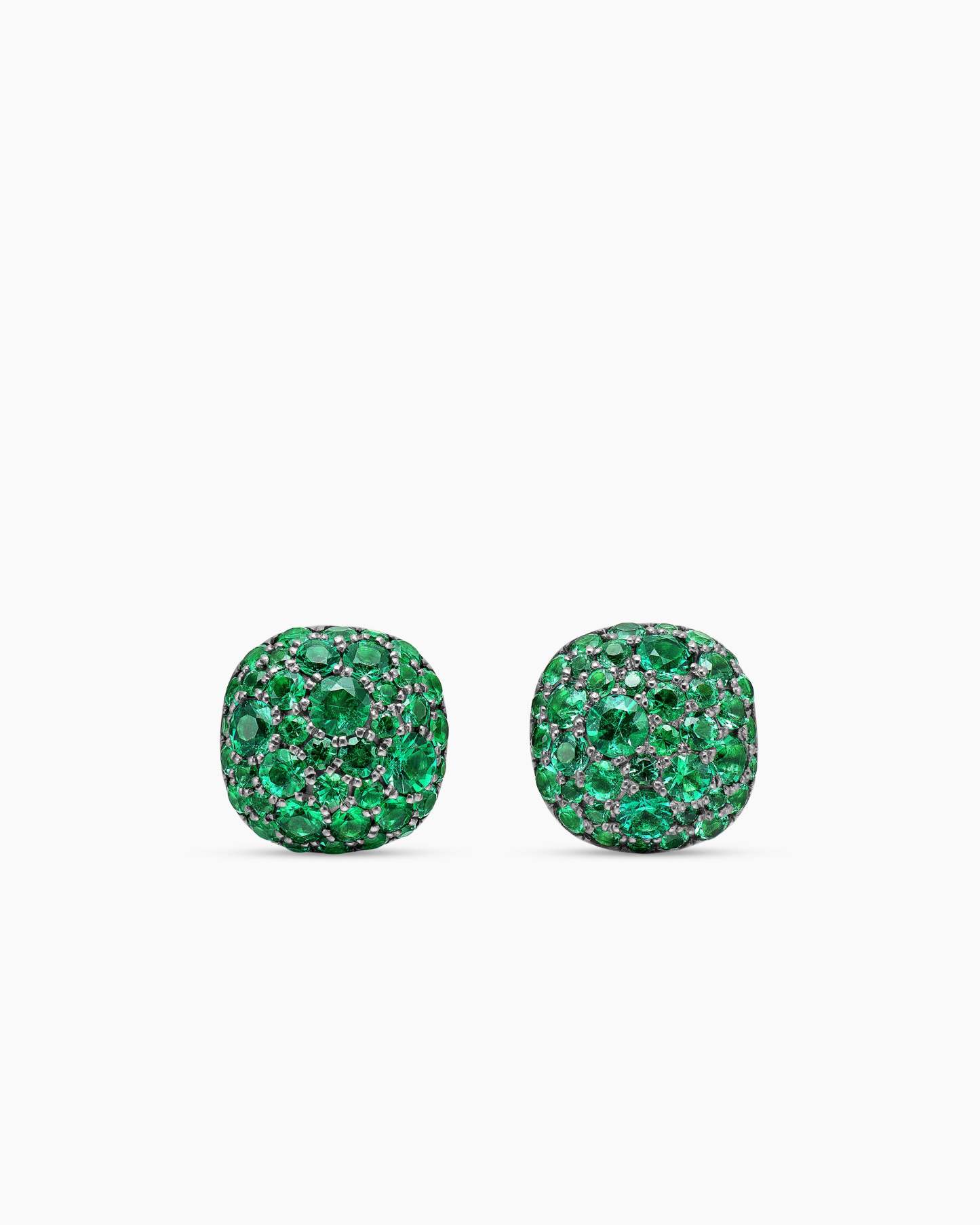 Cushion Stud Earrings 18K White Gold with Pavé Emeralds, 8mm