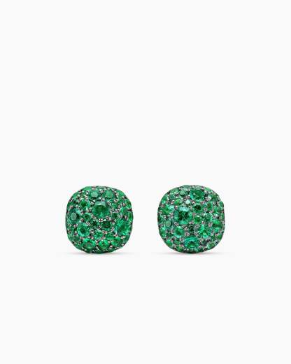 Cushion Stud Earrings 18K White Gold with Pavé Emeralds, 8mm