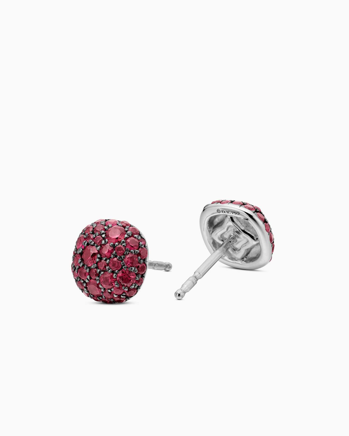 Cushion Stud Earrings 18K White Gold with Pavé Red Rubies, 8mm