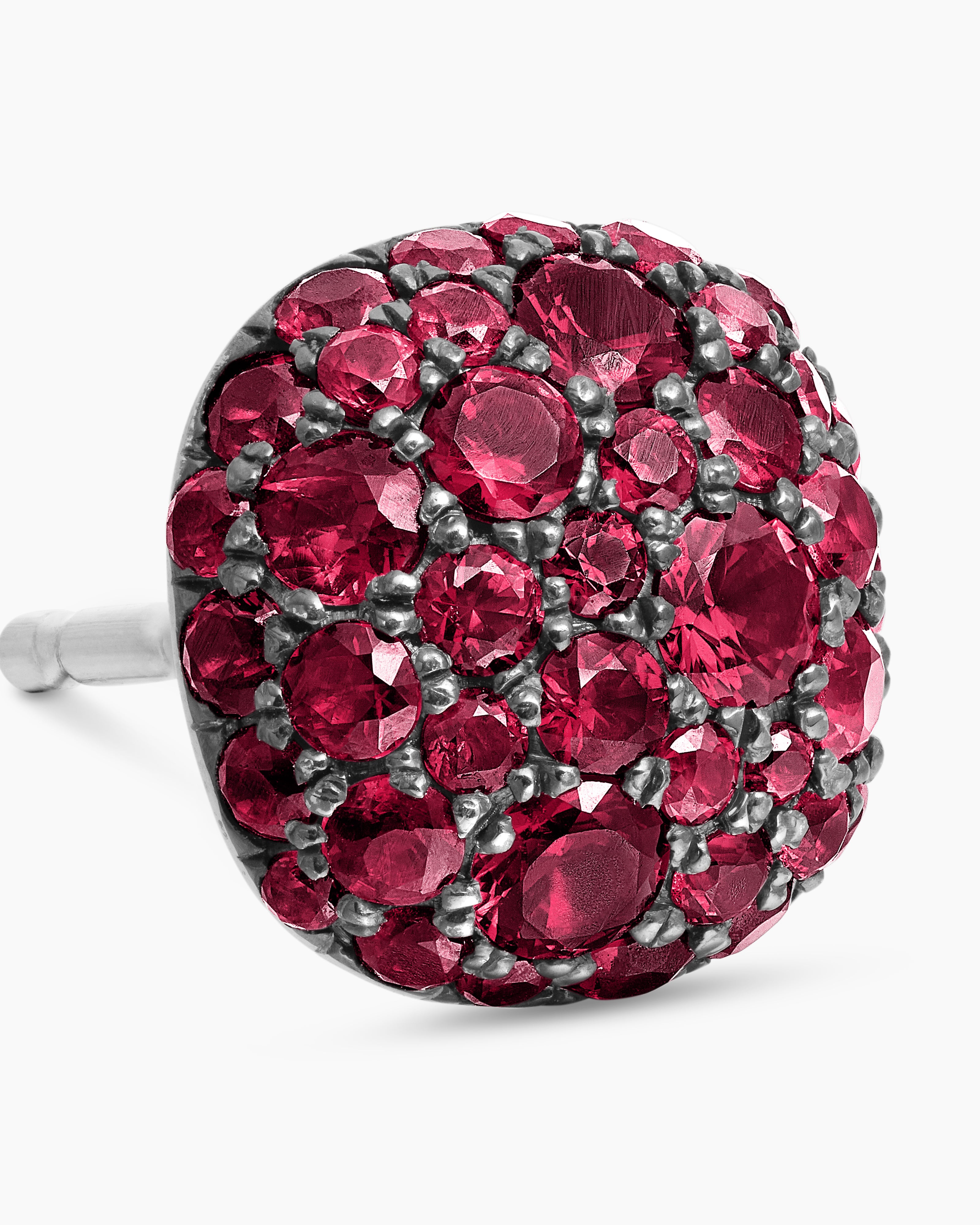 Cushion Stud Earrings 18K White Gold with Pavé Red Rubies, 8mm