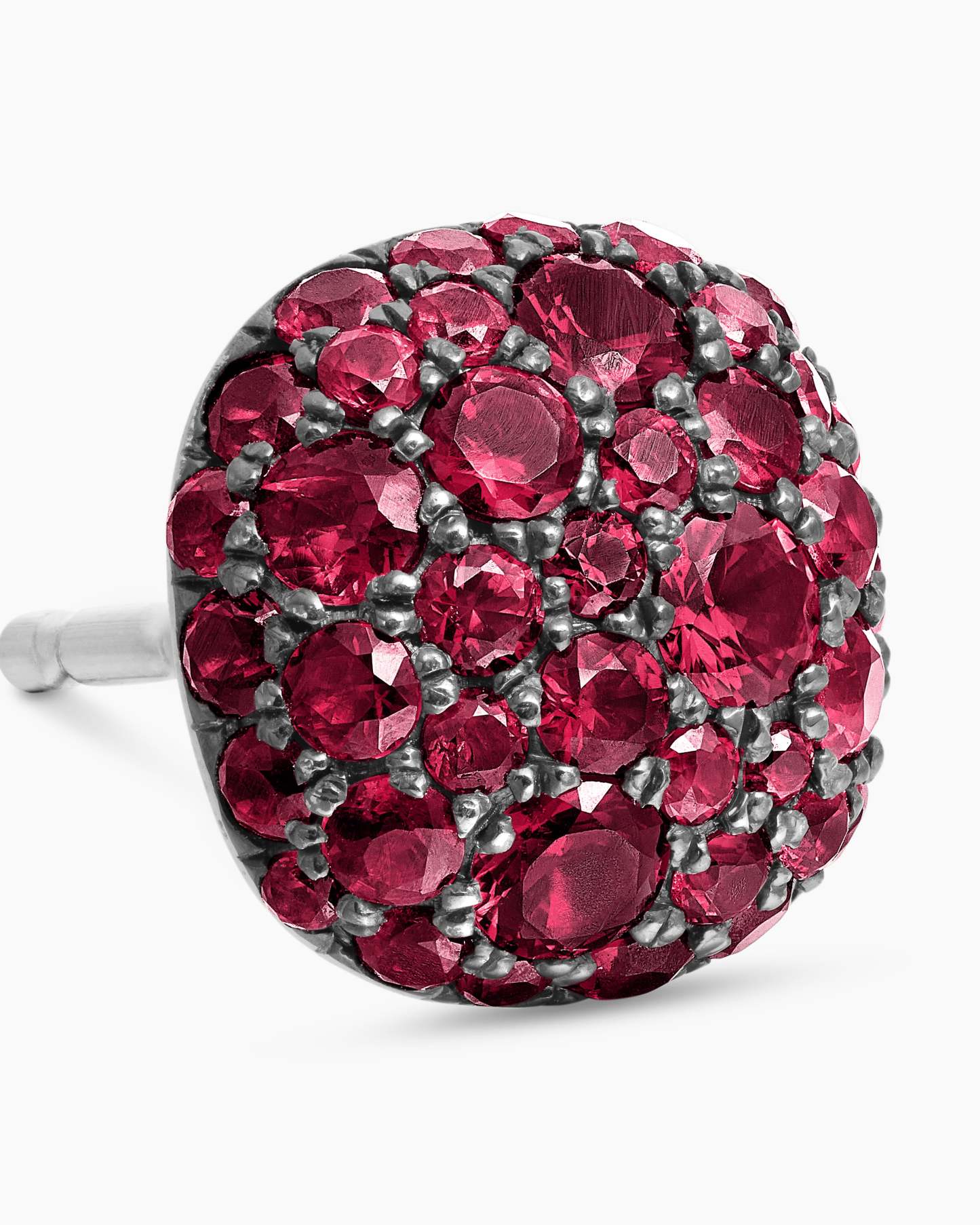 Cushion Stud Earrings 18K White Gold with Pavé Red Rubies, 8mm