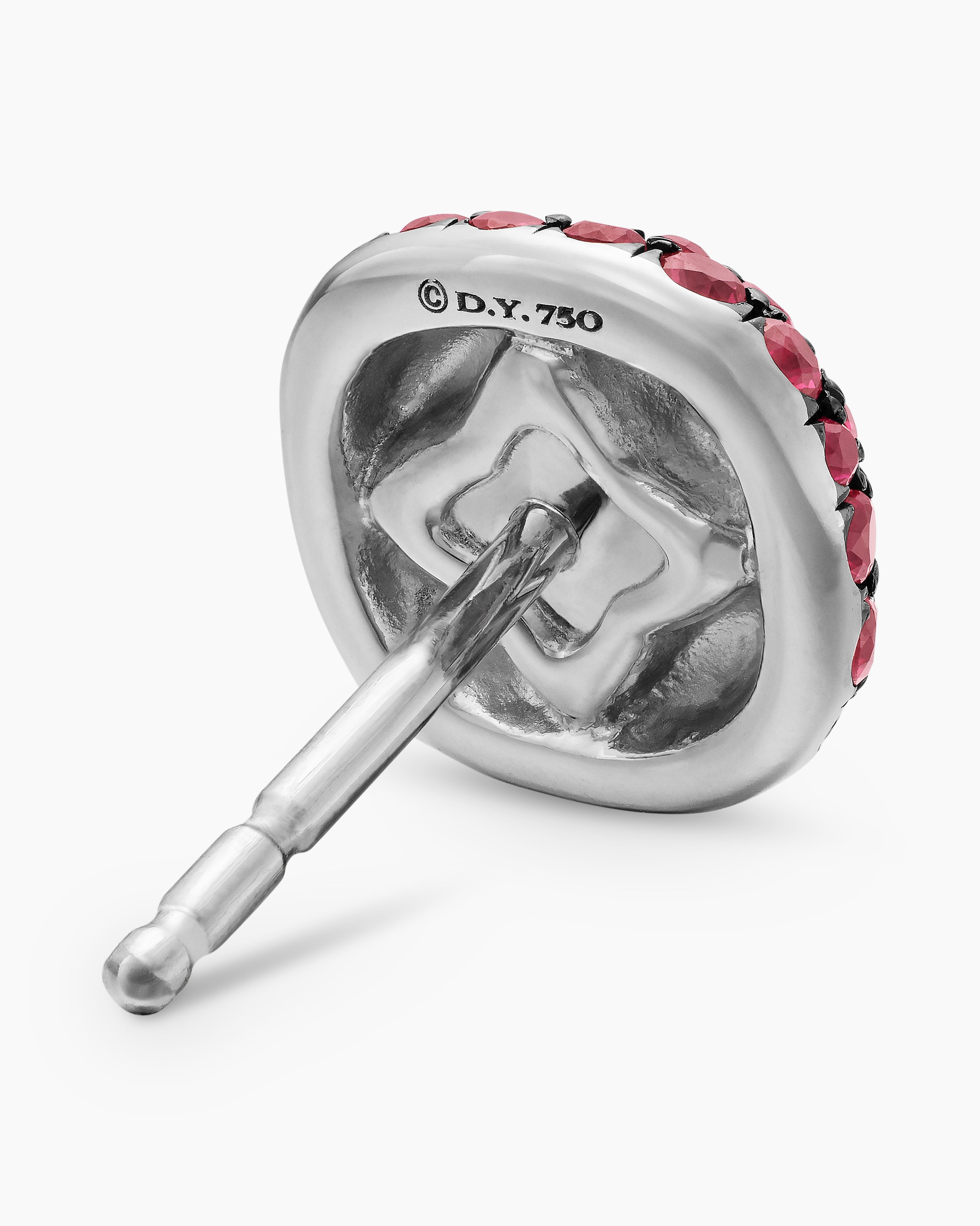 Cushion Stud Earrings 18K White Gold with Pavé Red Rubies, 8mm