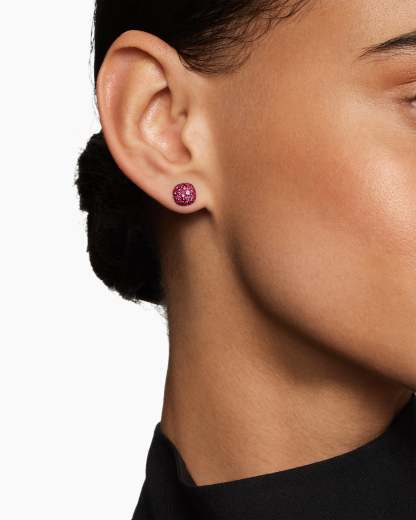 Cushion Stud Earrings 18K White Gold with Pavé Red Rubies, 8mm