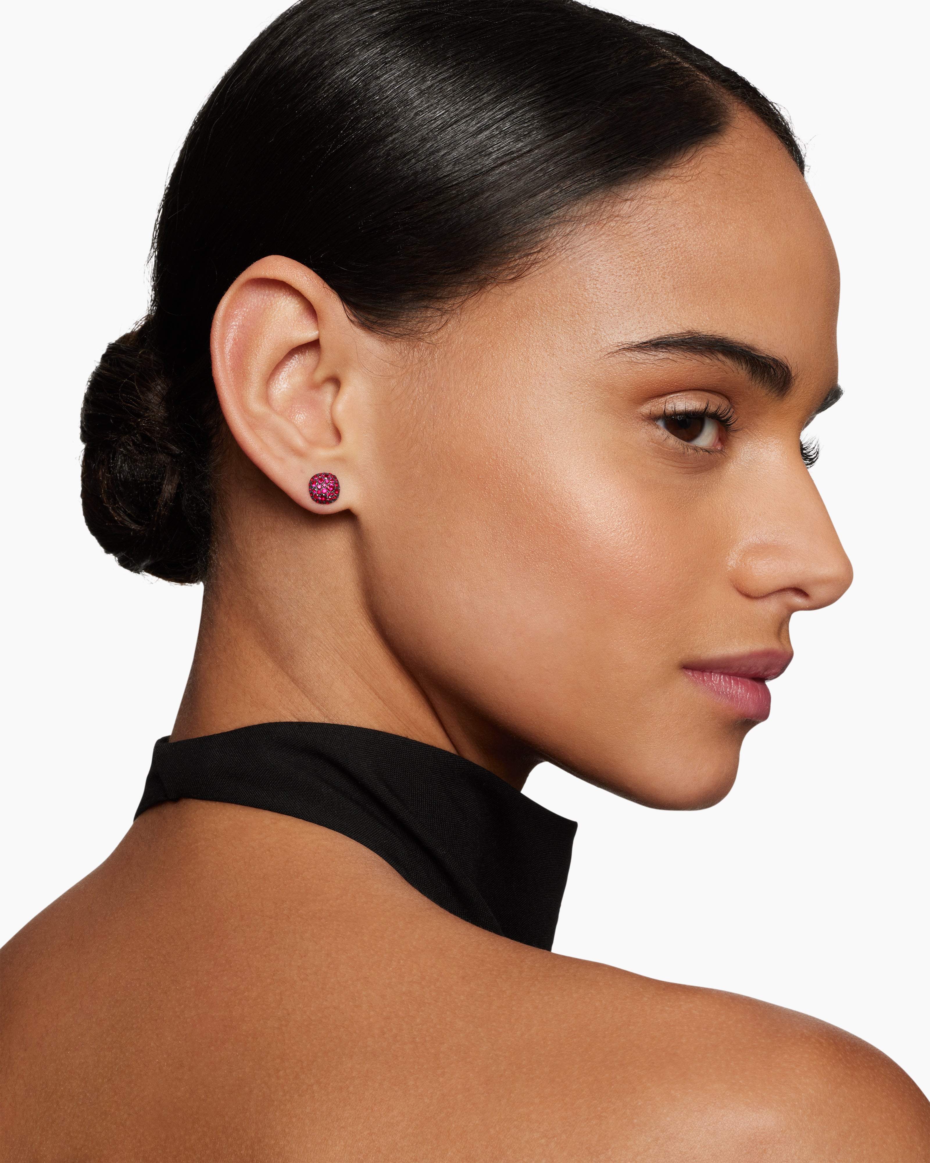 Cushion Stud Earrings 18K White Gold with Pavé Red Rubies, 8mm