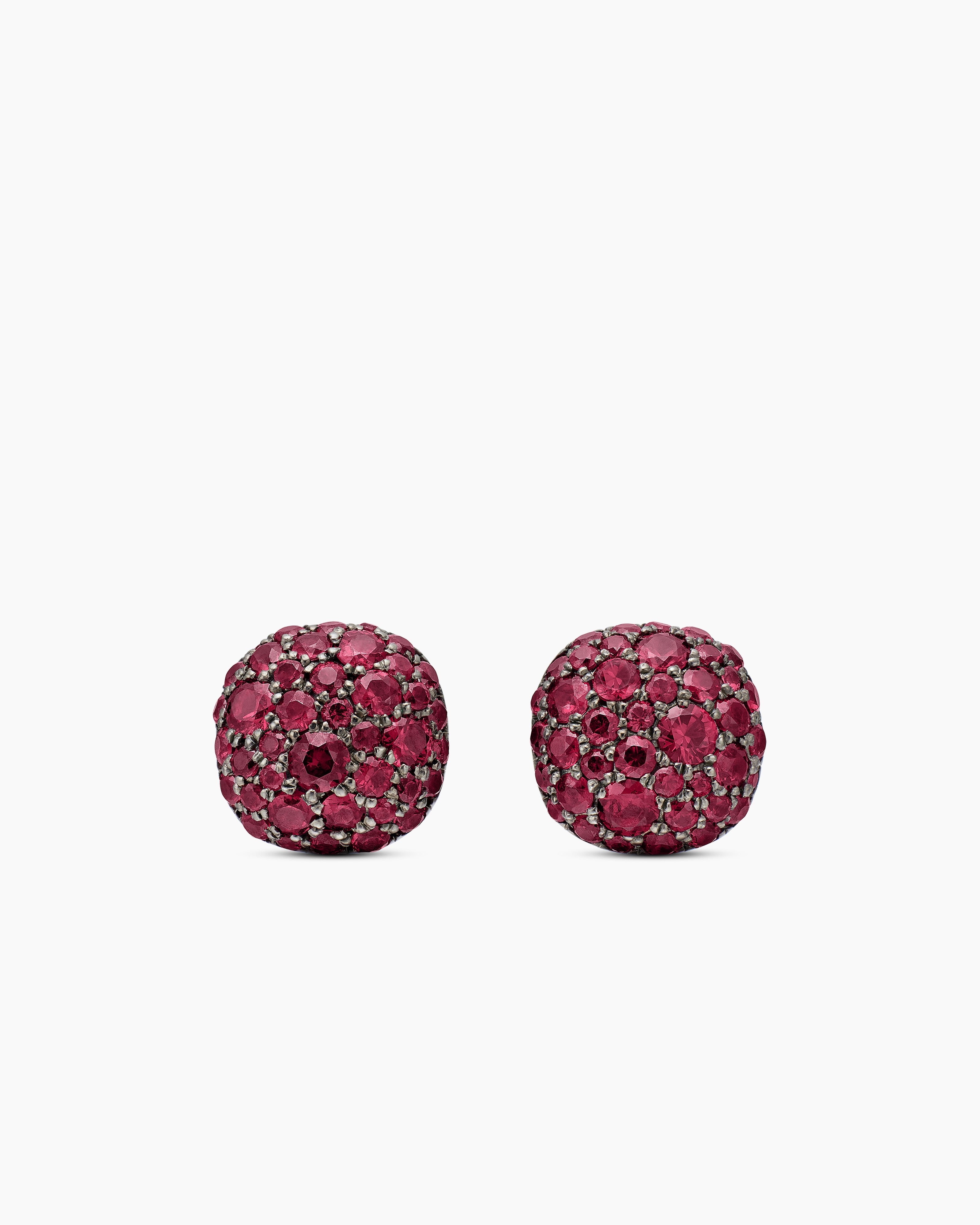 Cushion Stud Earrings 18K White Gold with Pavé Red Rubies, 8mm