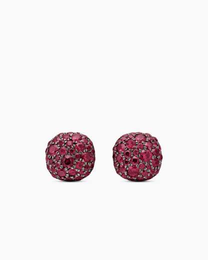 Cushion Stud Earrings 18K White Gold with Pavé Red Rubies, 8mm