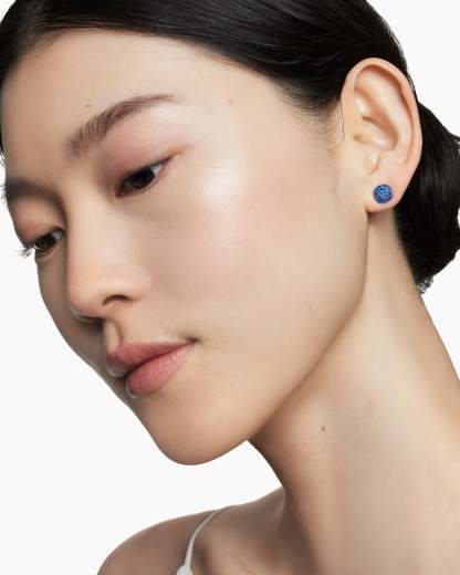 Cushion Stud Earrings 18K White Gold with Pavé Sapphires, 8mm