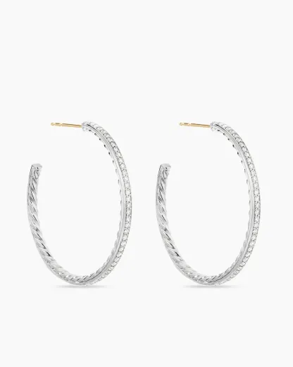 Pav茅 Hoop Earrings Sterling Silver with Diamonds, 38mm
