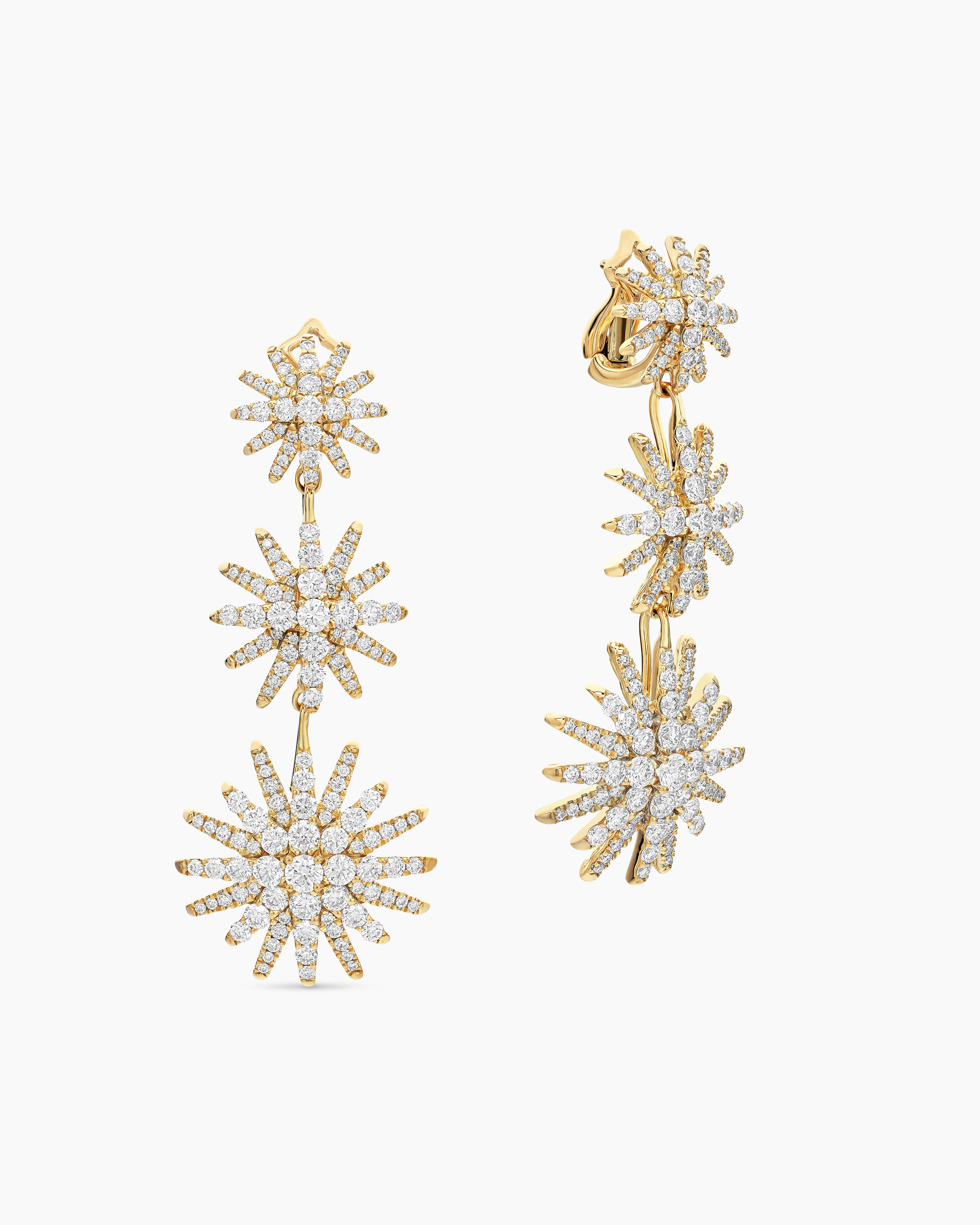 Starburst Triple Drop Earrings 18K Yellow Gold with Diamonds, 51mm