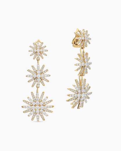 Starburst Triple Drop Earrings 18K Yellow Gold with Diamonds, 51mm