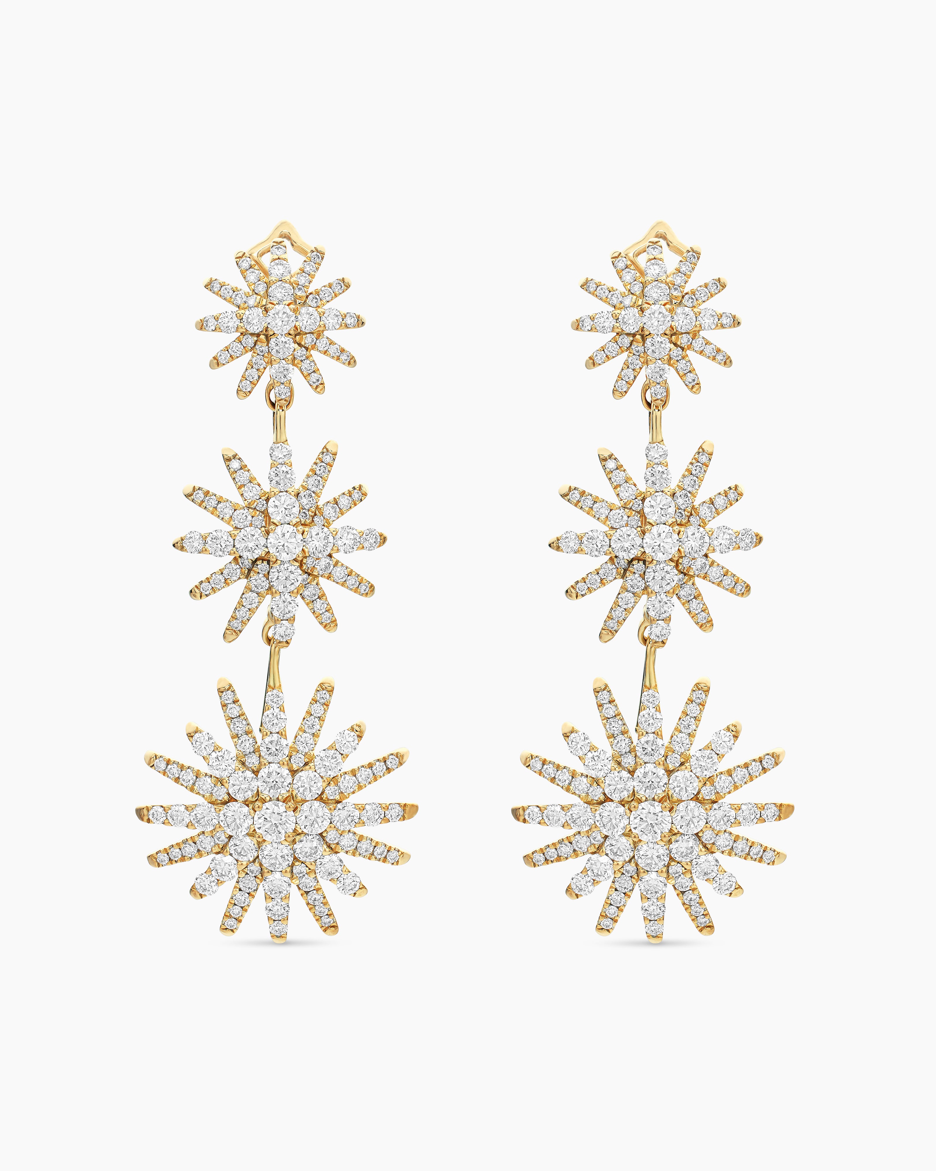 Starburst Triple Drop Earrings 18K Yellow Gold with Diamonds, 51mm