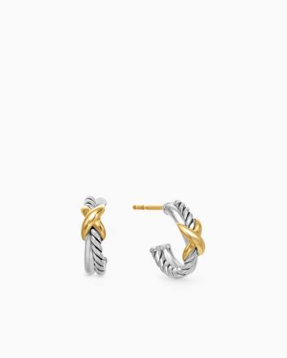 Petite X Hoop Earrings Sterling Silver with 18K Yellow Gold, 12.6mm