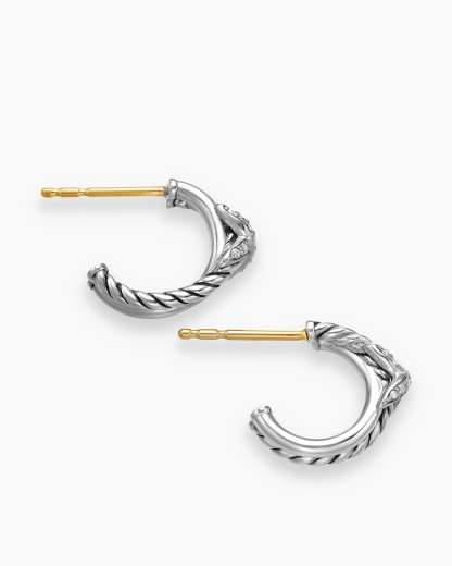 Petite X Hoop Earrings Sterling Silver with Pavé Diamonds, 12.6mm
