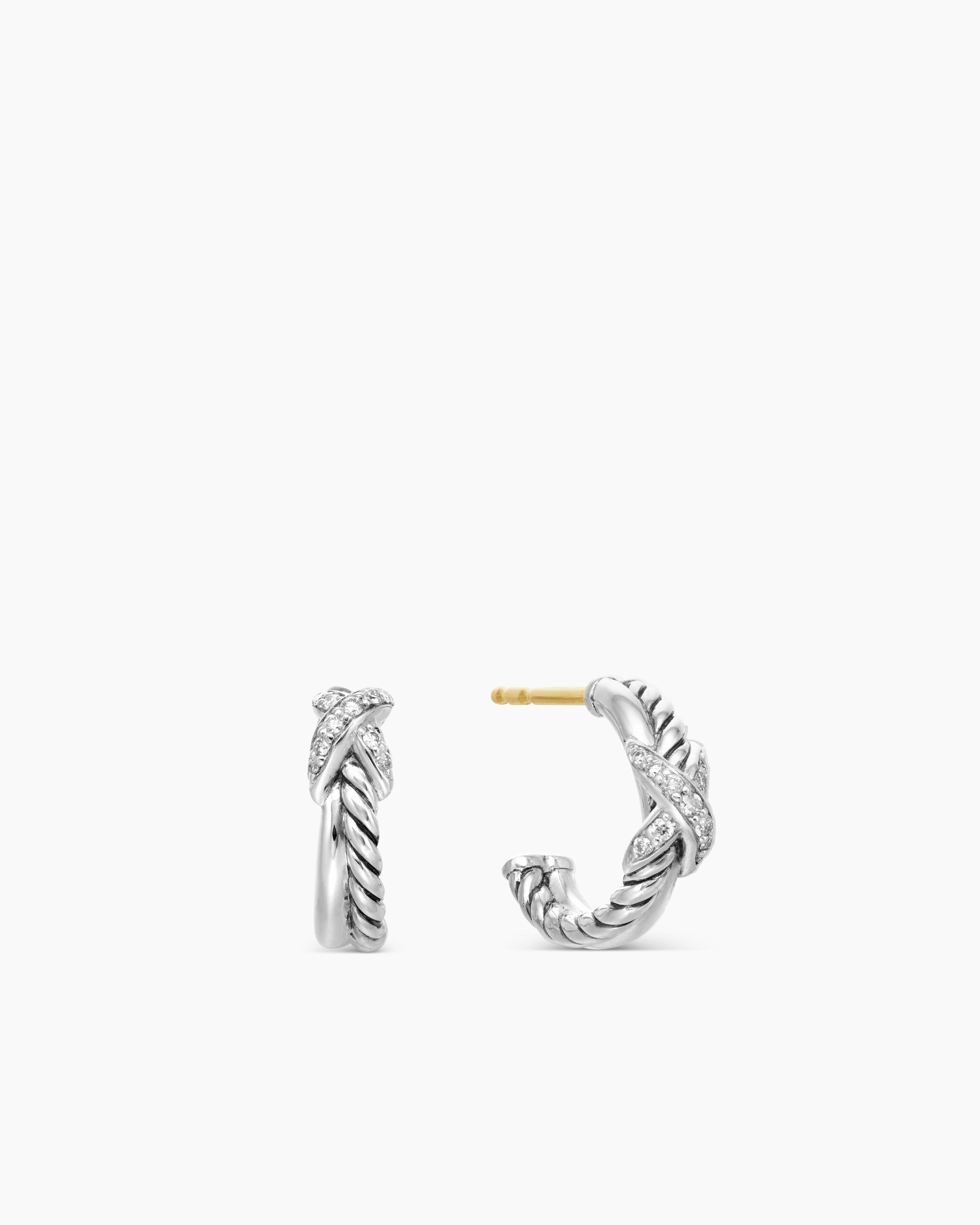 Petite X Hoop Earrings Sterling Silver with Pavé Diamonds, 12.6mm