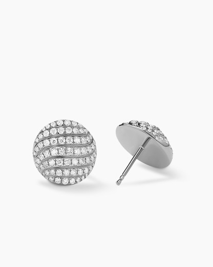 Sculpted Cable Stud Earrings Sterling Silver with Diamonds,14mm