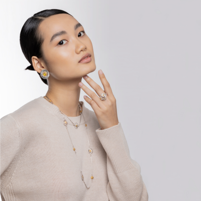 BLOSSOMS SILVER BUTTON EARRINGS WITH FANCY BROWN DIAMONDS AND YELLOW AGATE