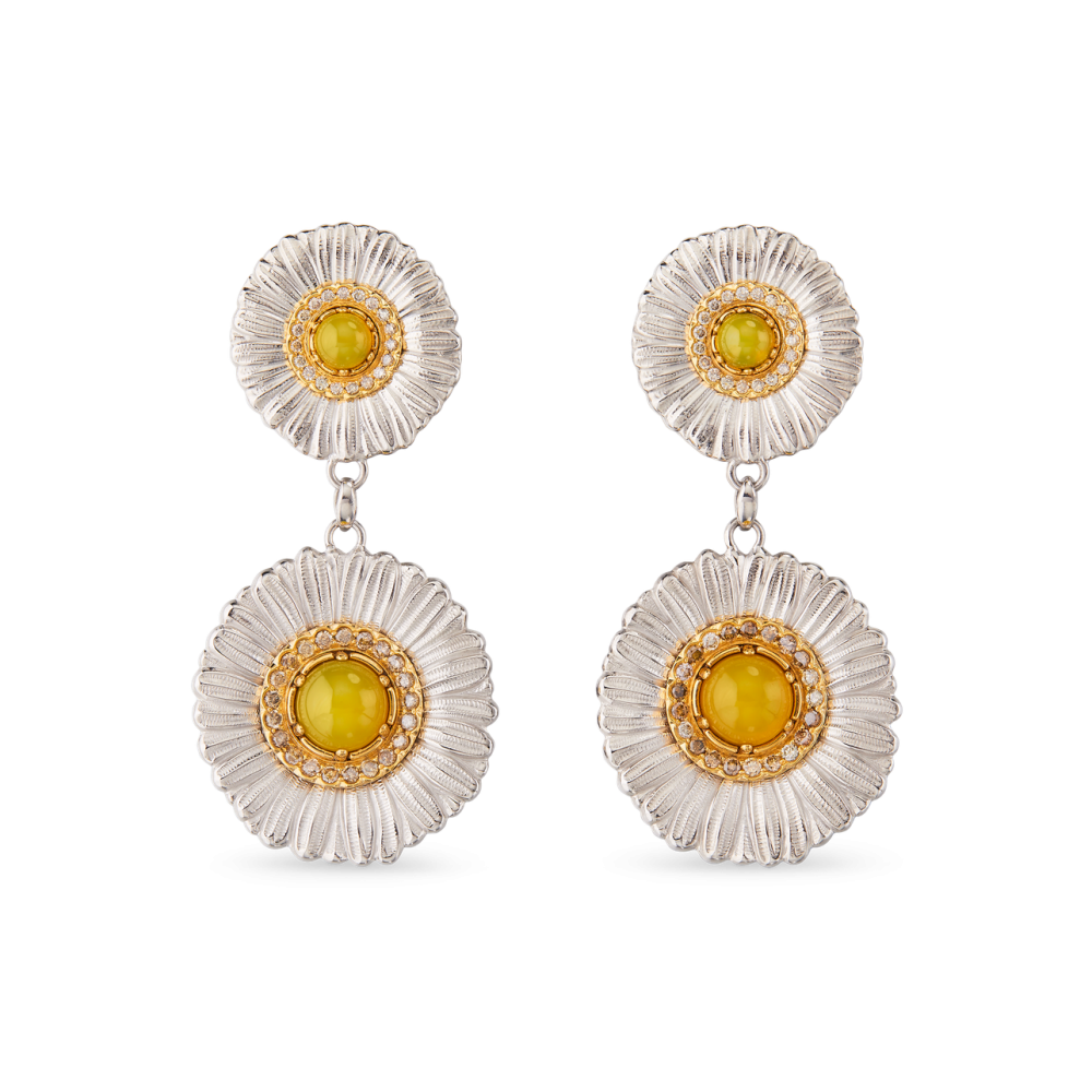 BLOSSOMS SILVER PENDANT EARRINGS WITH FANCY BROWN DIAMONDS AND YELLOW AGATE