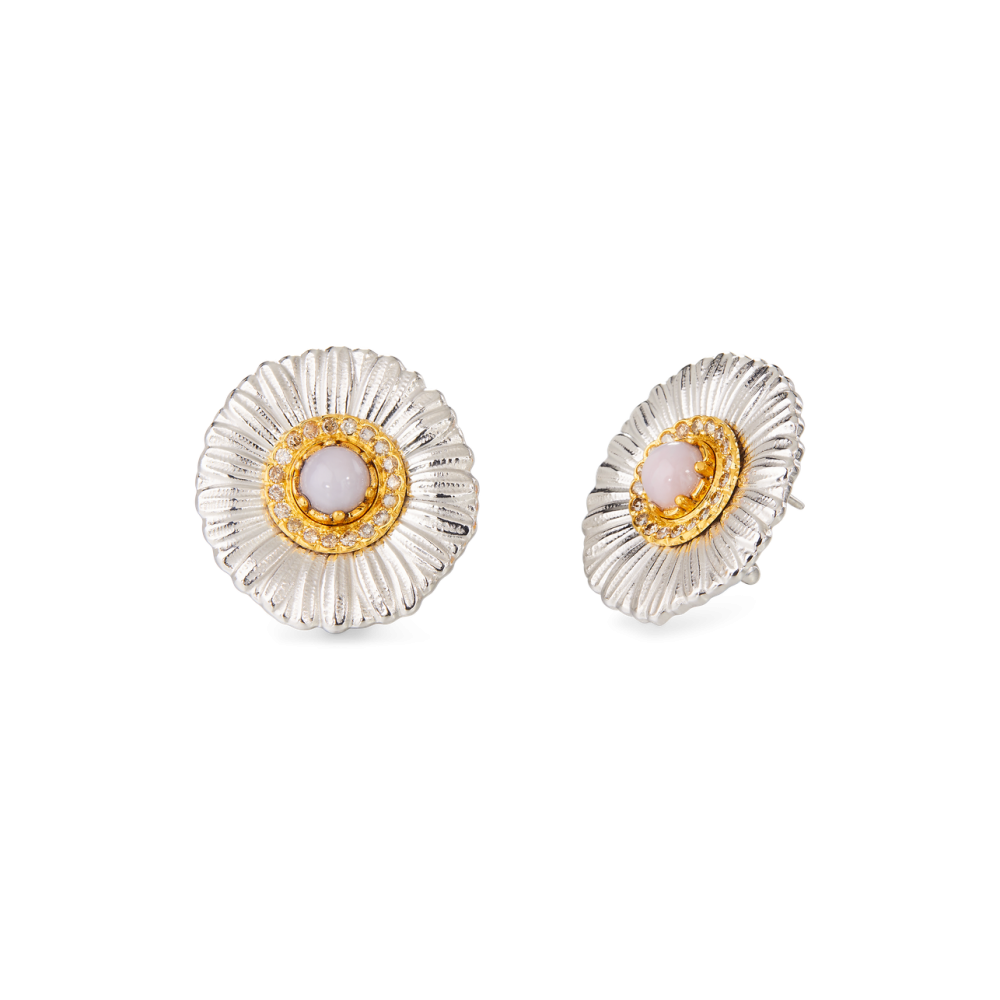 BLOSSOMS SILVER BUTTON EARRINGS WITH FANCY BROWN DIAMONDS AND PINK OPAL