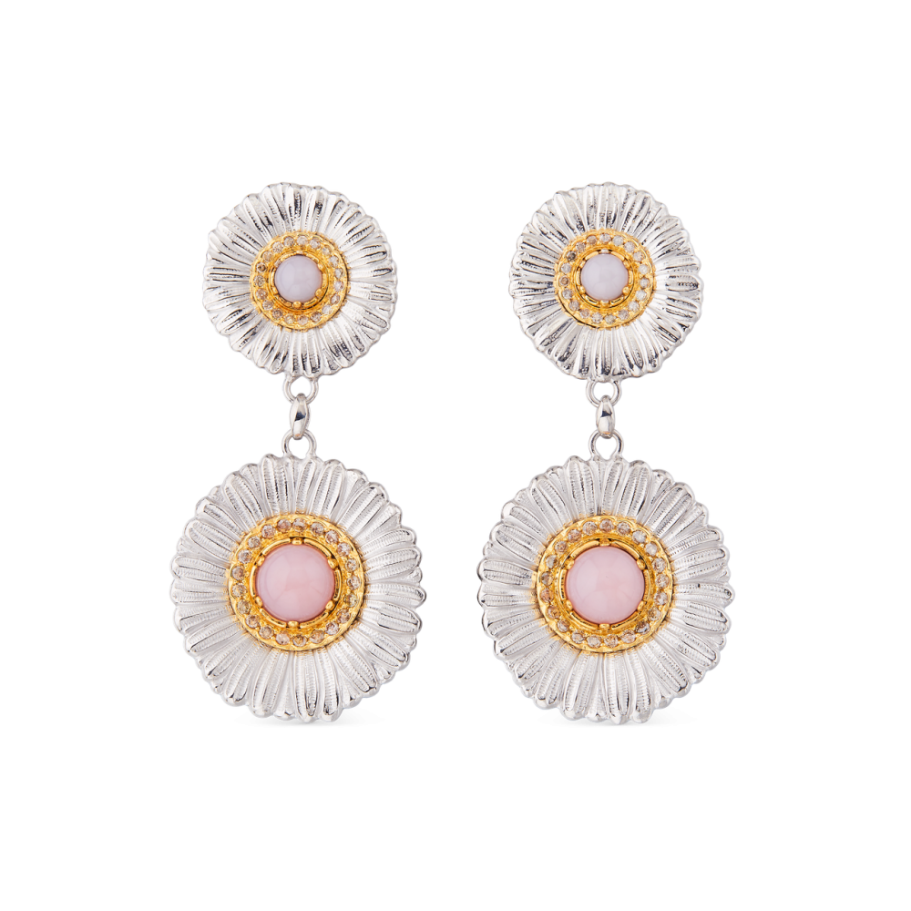 BLOSSOMS SILVER PENDANT EARRINGS WITH FANCY BROWN DIAMONDS AND PINK OPAL