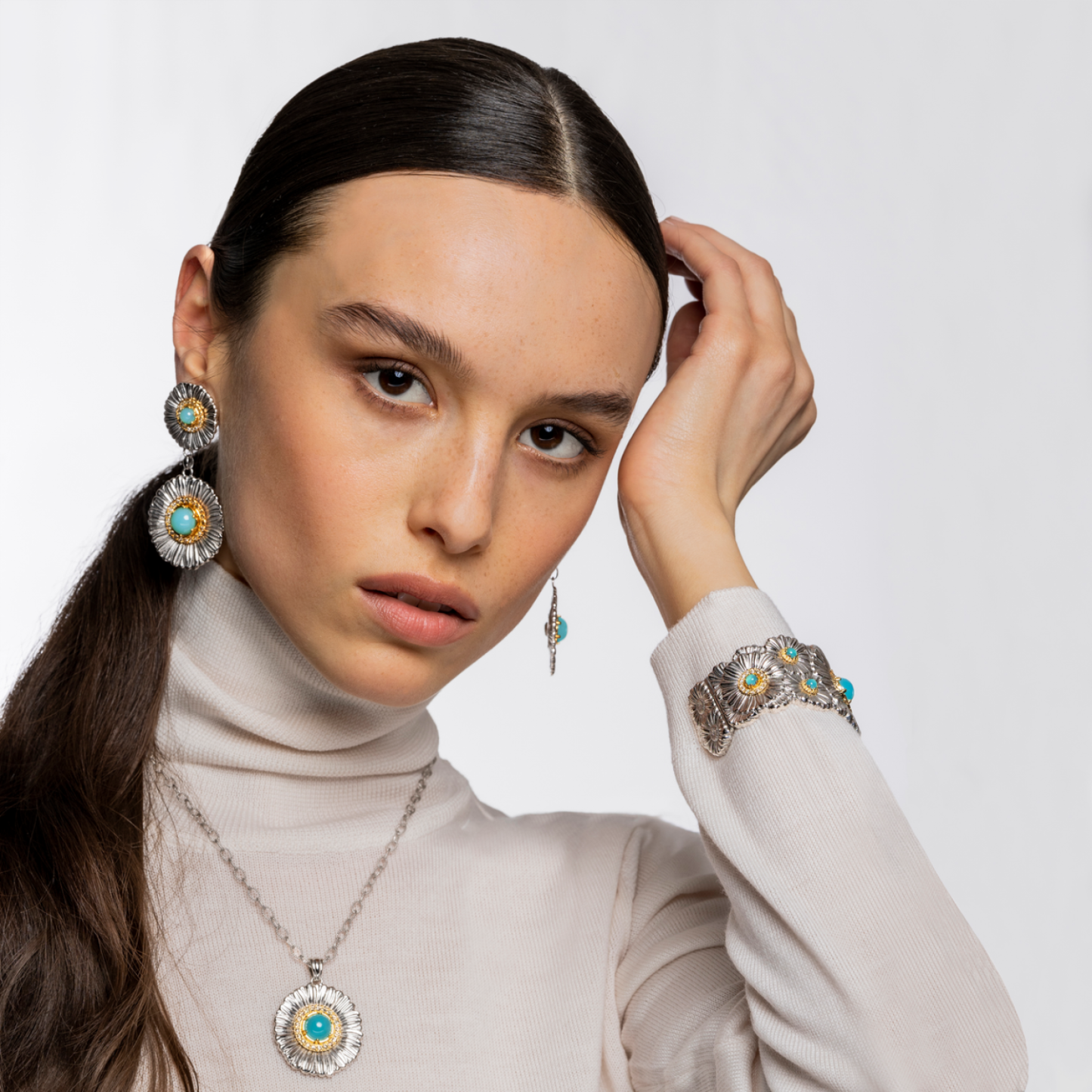 BLOSSOMS SILVER EARRINGS WITH FANCY BROWN DIAMONDS AND LIGHT BLUE AGATE