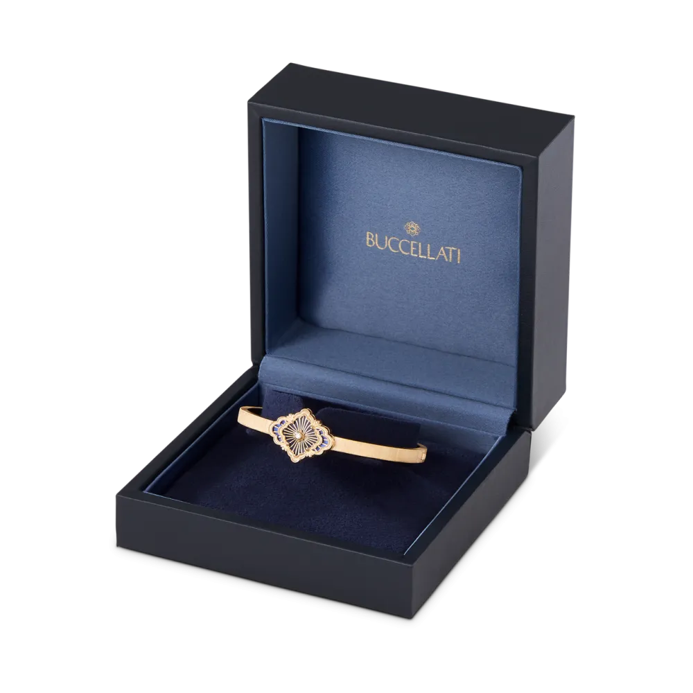 OPERA TULLE GOLD BANGLE BRACELET WITH BLUE ENAMEL BACKGROUND