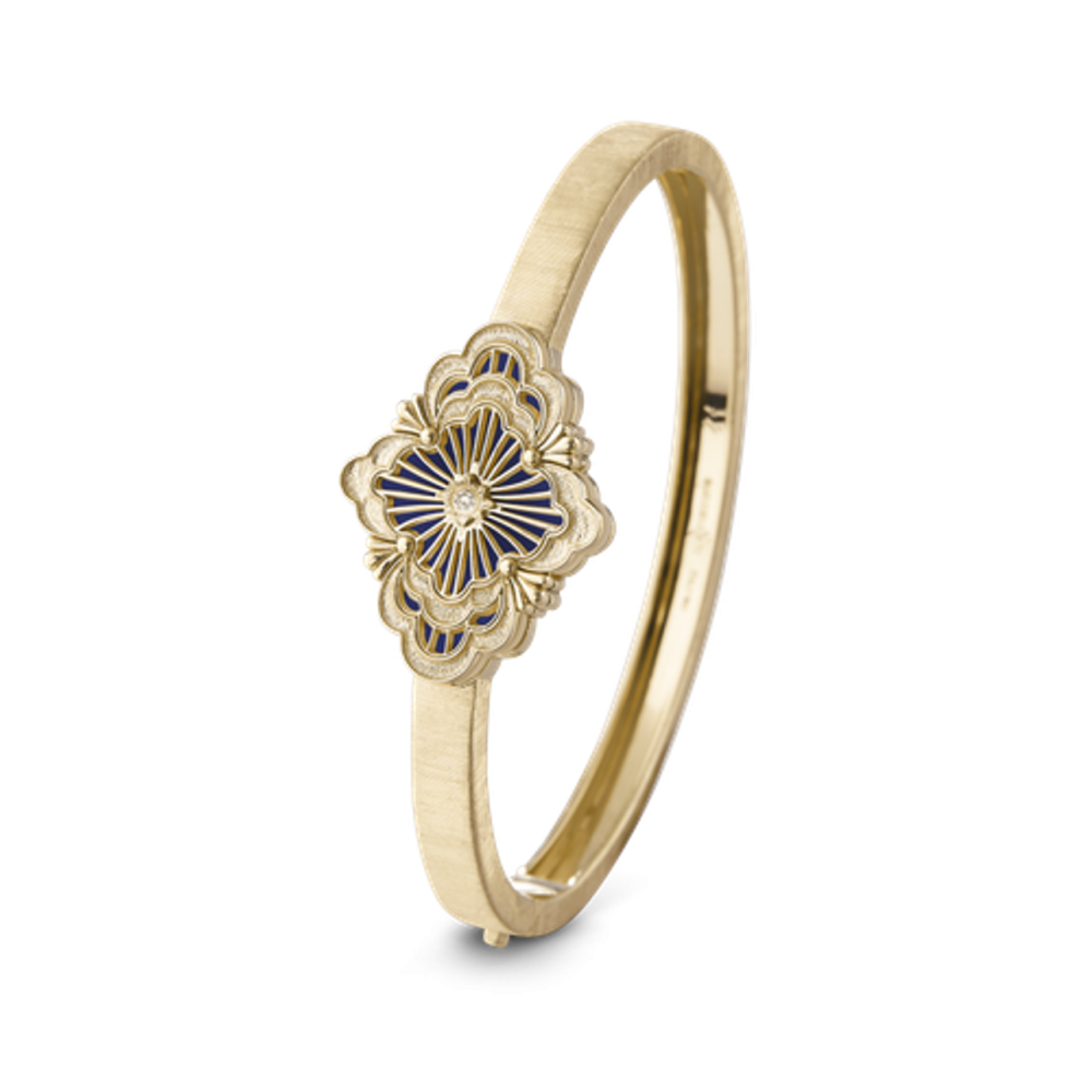 OPERA TULLE GOLD BANGLE BRACELET WITH BLUE ENAMEL BACKGROUND