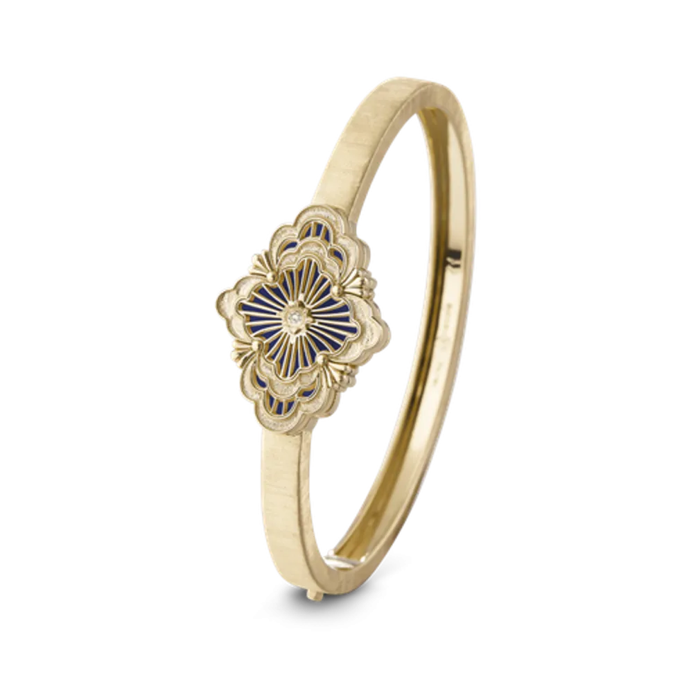OPERA TULLE GOLD BANGLE BRACELET WITH BLUE ENAMEL BACKGROUND