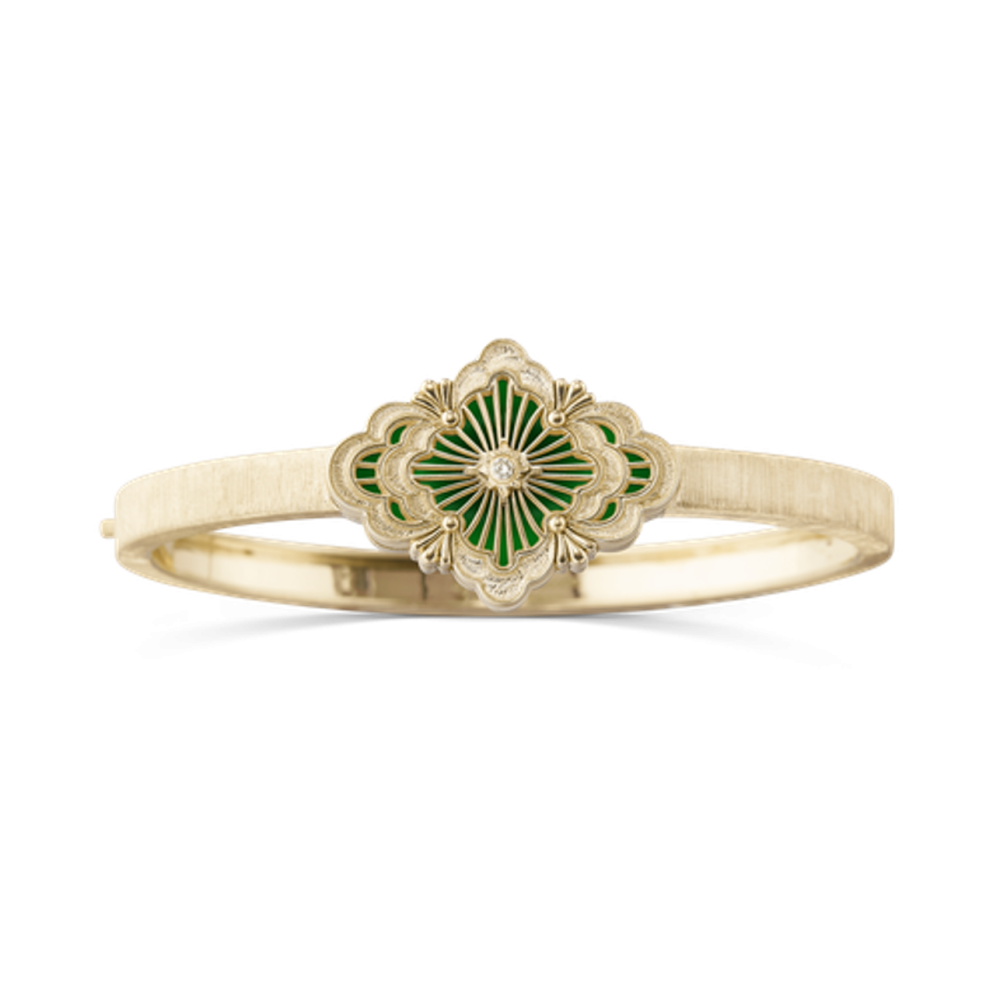 OPERA TULLE GOLD BANGLE BRACELET WITH GREEN ENAMEL BACKGROUND