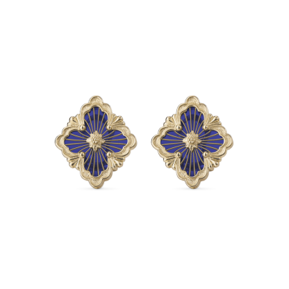 OPERA TULLE YELLOW GOLD BUTTON EARRINGS WITH BLUE ENAMELED ELEMENT