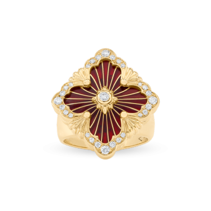 OPERA TULLE YELLOW GOLD RING WIT RED ENAMEL BACKGROUND AND LOGO