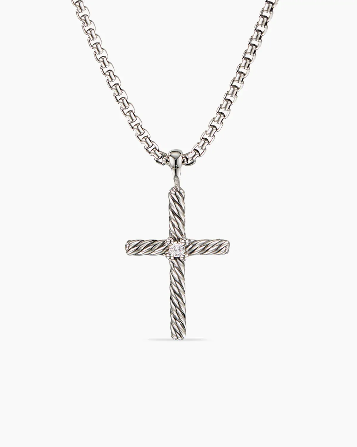 Classic Cable Cross Necklace Sterling Silver with Center Diamond, 24.3mm