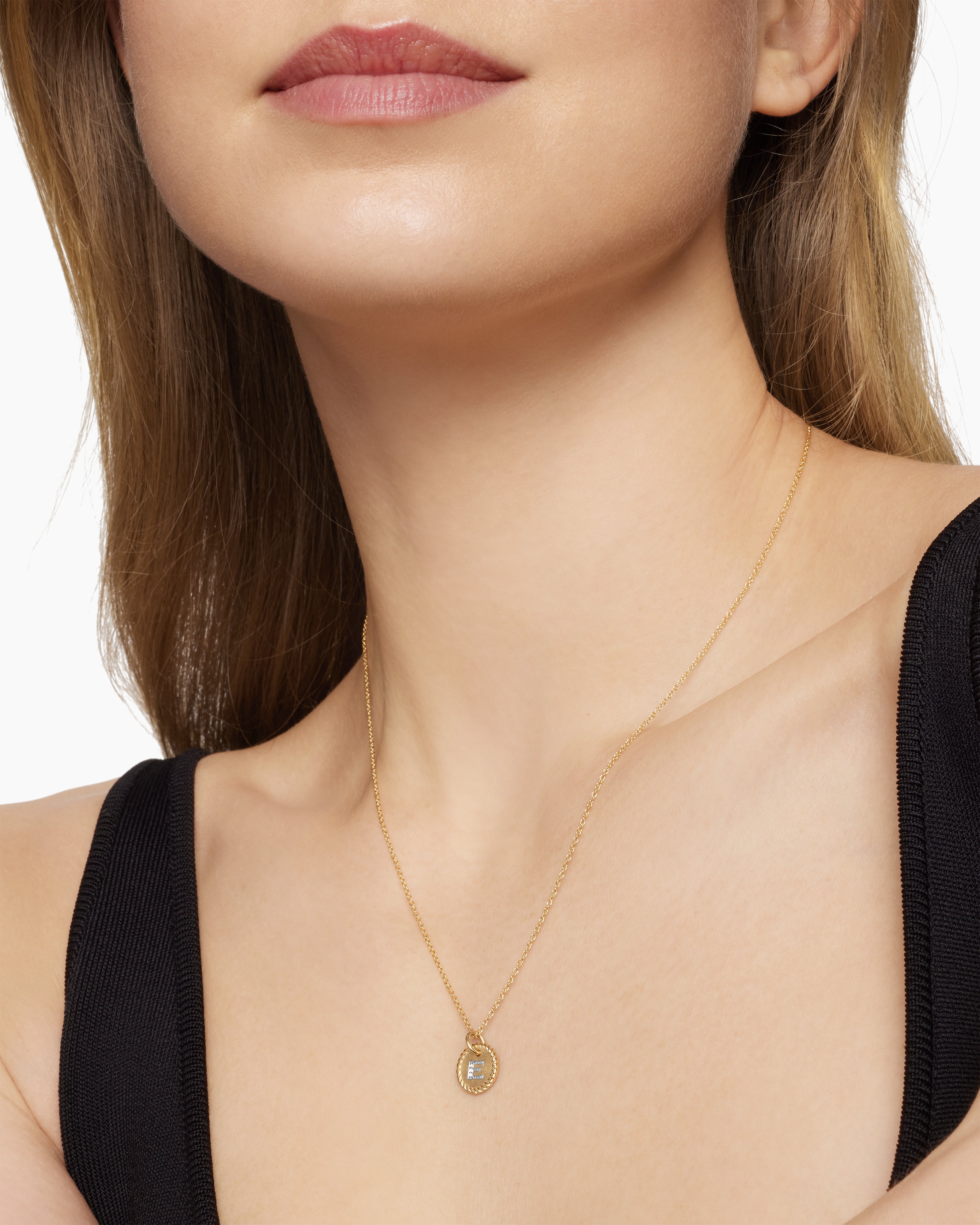 Initial Charm Necklace 18K Yellow Gold with Diamond E