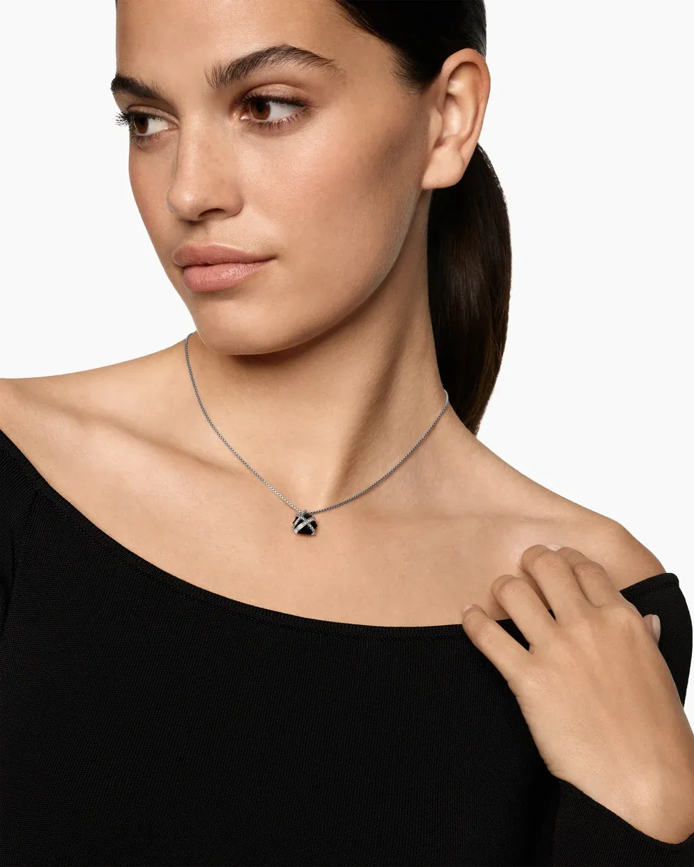 Cable Wrap Necklace Sterling Silver with Black Onyx and Diamonds, 12.5mm