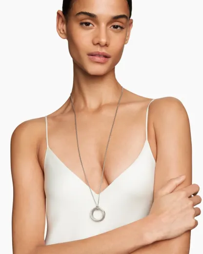 Crossover Pendant Necklace Sterling Silver with Diamonds, 26mm