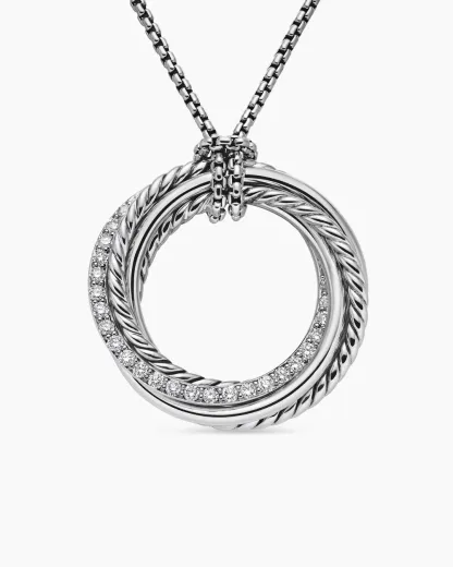 Crossover Pendant Necklace Sterling Silver with Diamonds, 26mm