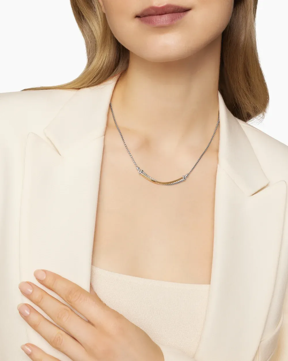 Crossover Bar Necklace Sterling Silver with 18K Yellow Gold