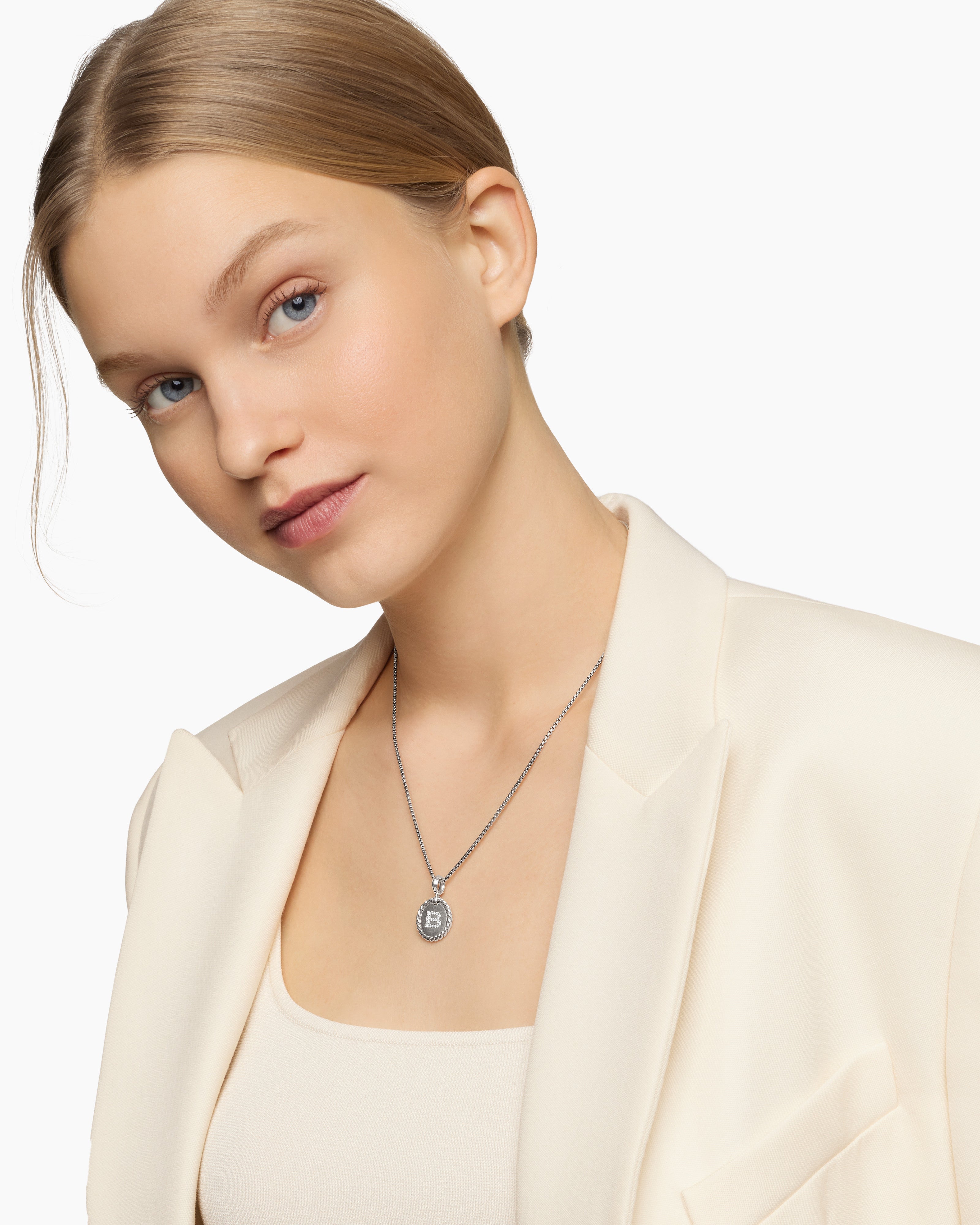 Initial Charm Necklace Sterling Silver with Diamond B