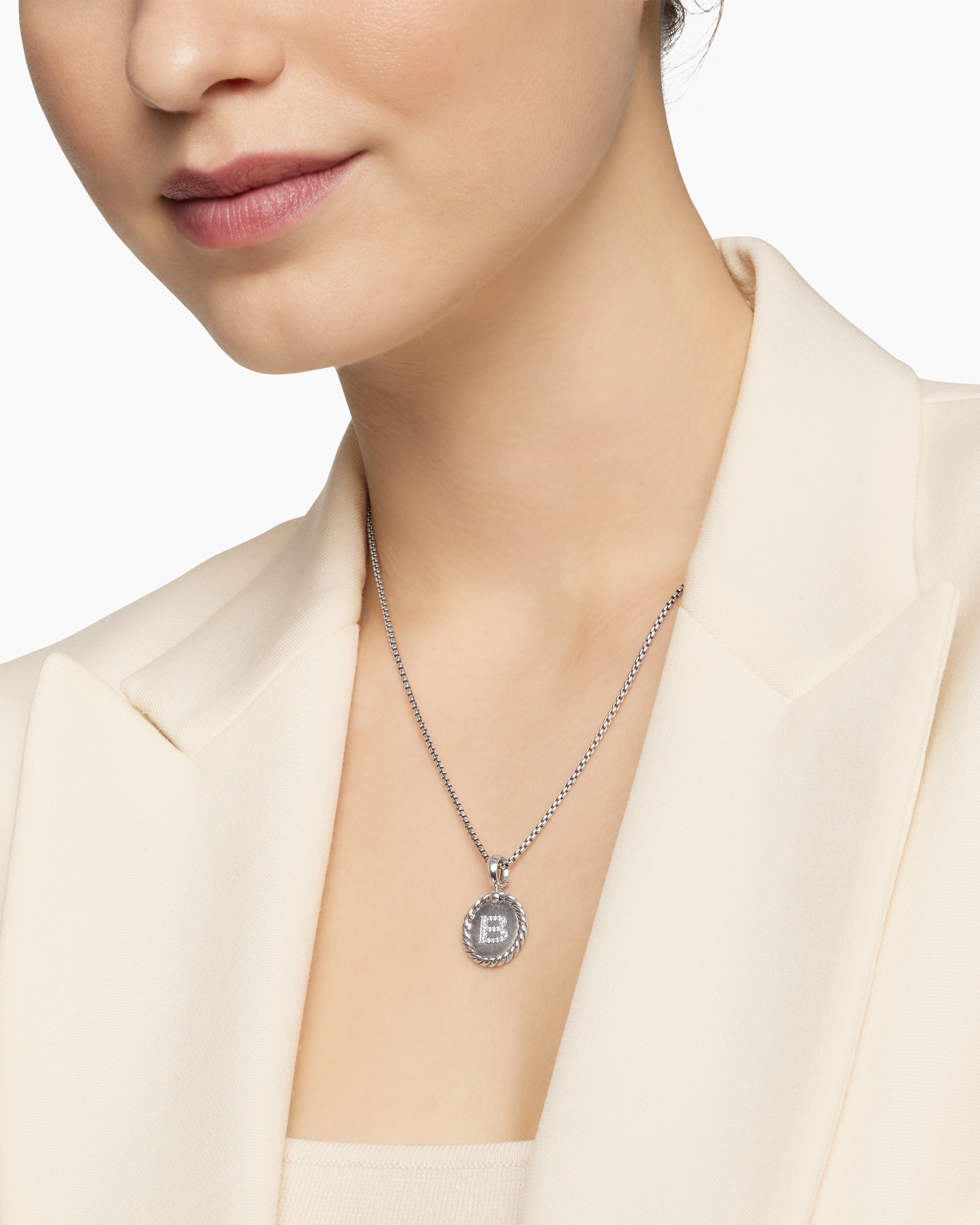 Initial Charm Necklace Sterling Silver with Diamond B