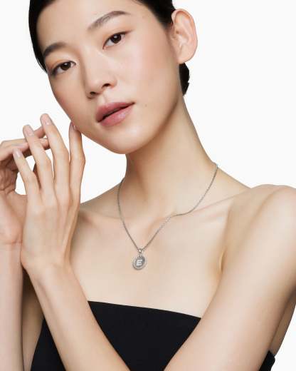 Initial Charm Necklace Sterling Silver with Diamond E