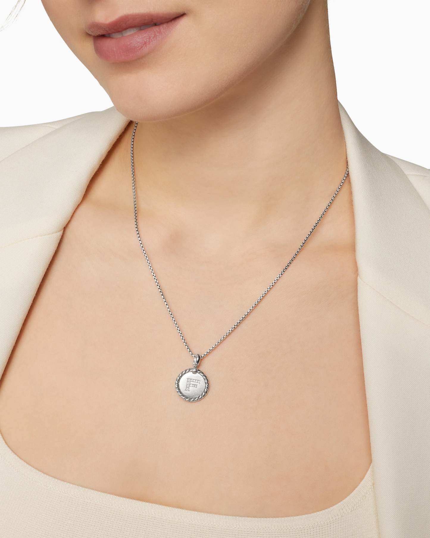 Initial Charm Necklace Sterling Silver with Diamond F