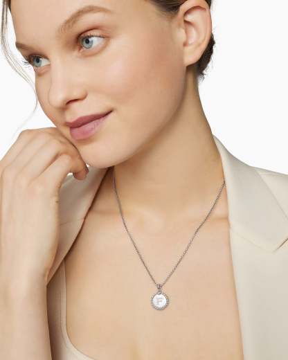 Initial Charm Necklace Sterling Silver with Diamond F