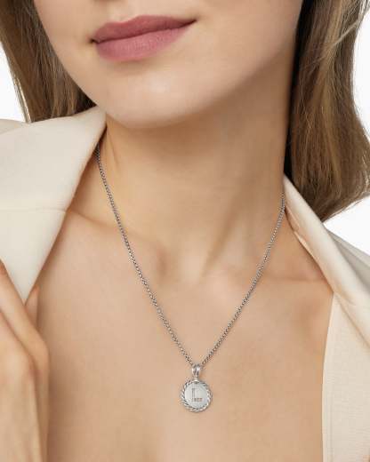 Initial Charm Necklace Sterling Silver with Diamond L