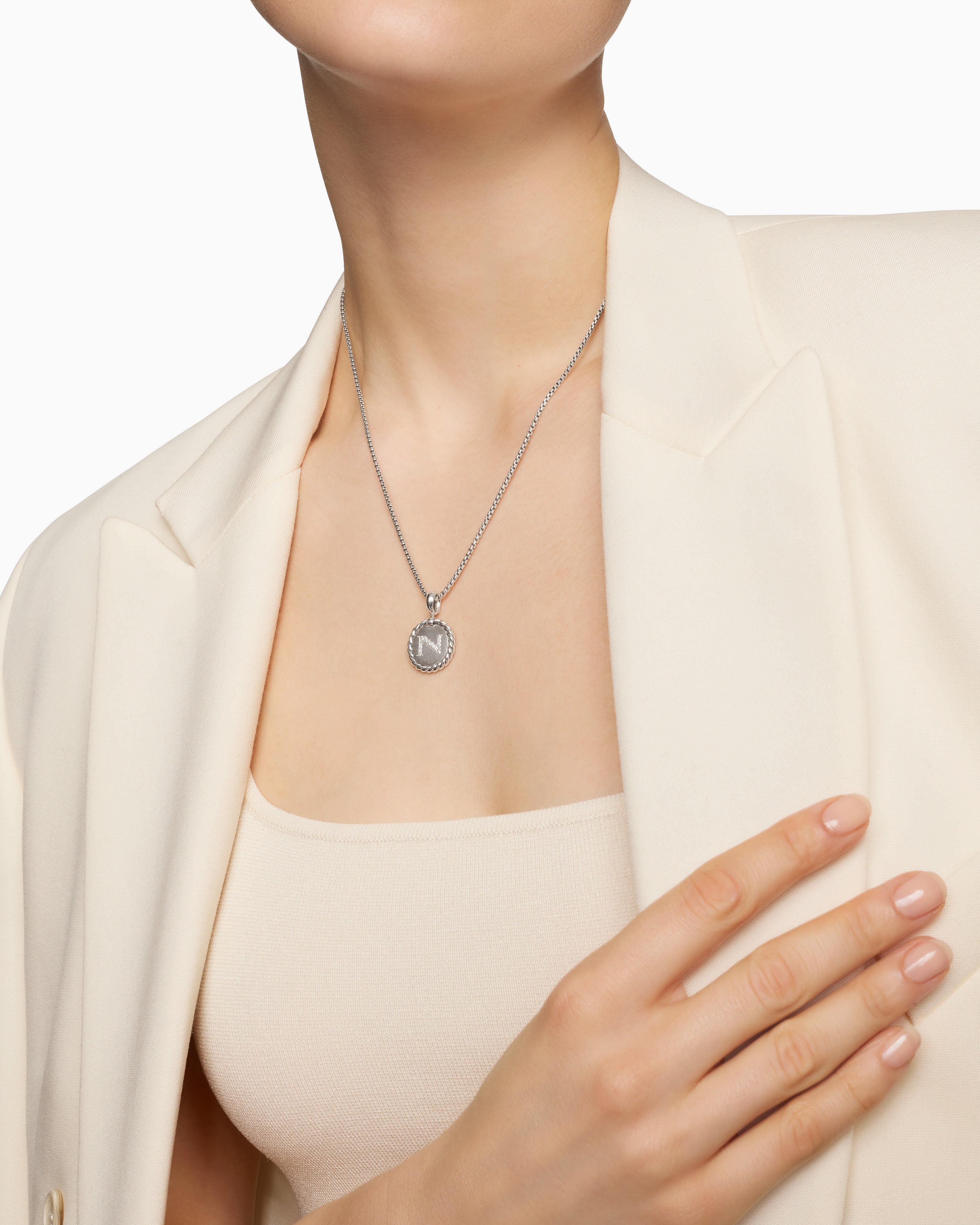 Initial Charm Necklace Sterling Silver with Diamond N