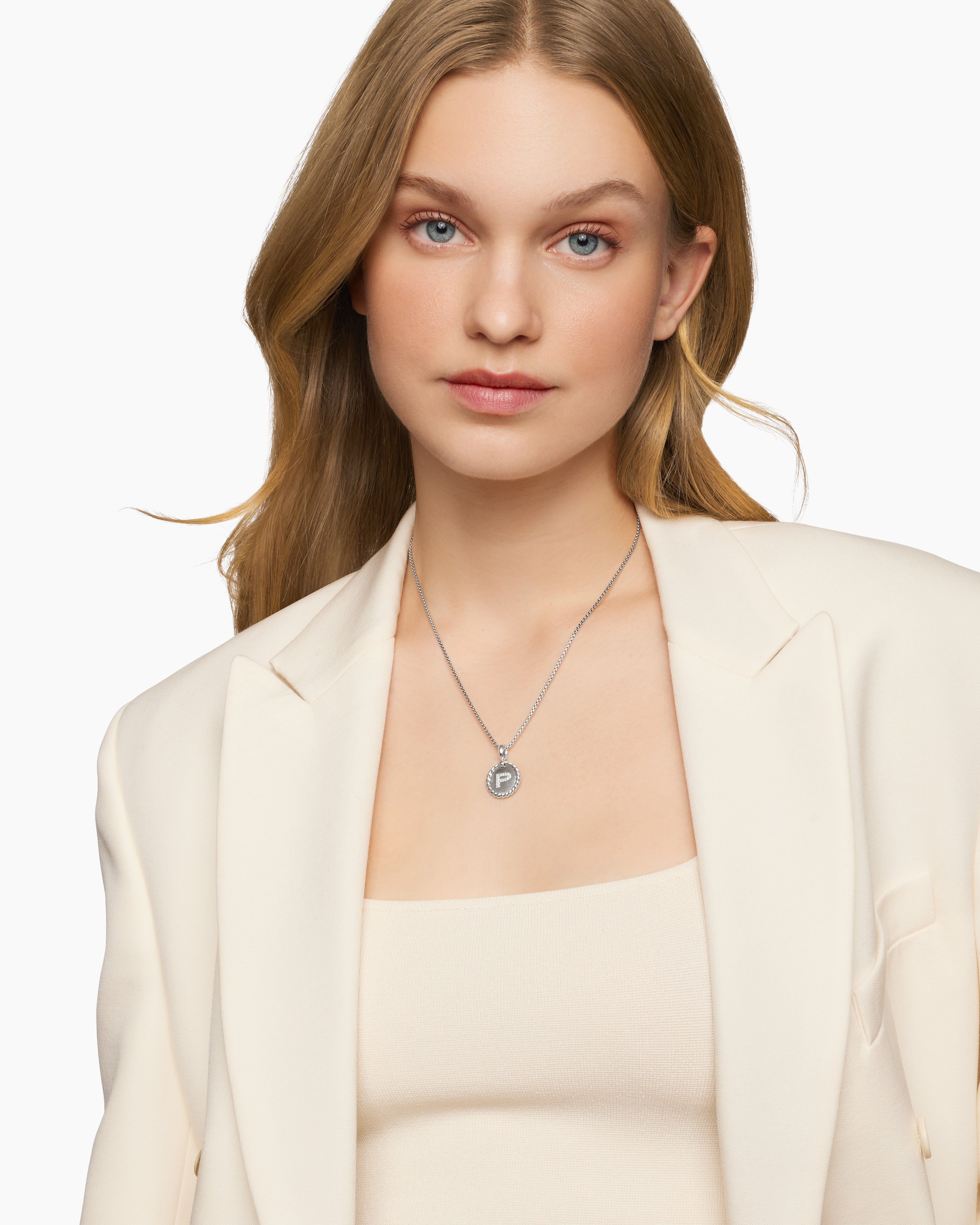 Initial Charm Necklace Sterling Silver with Diamond P