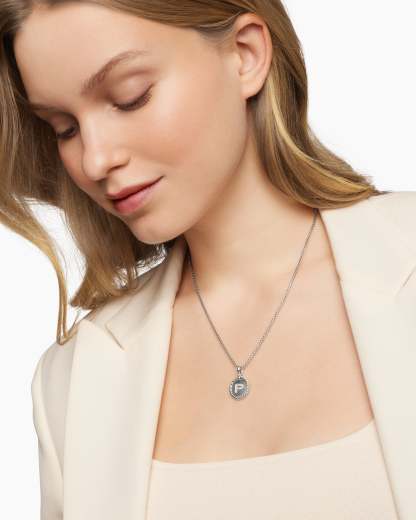 Initial Charm Necklace Sterling Silver with Diamond P
