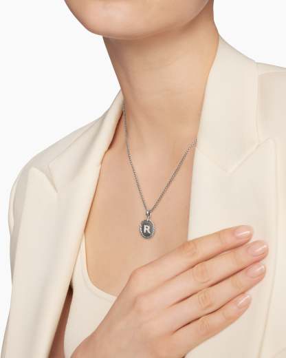 Initial Charm Necklace Sterling Silver with Diamond R