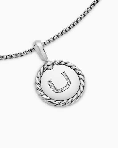 Initial Charm Necklace Sterling Silver with Diamond U