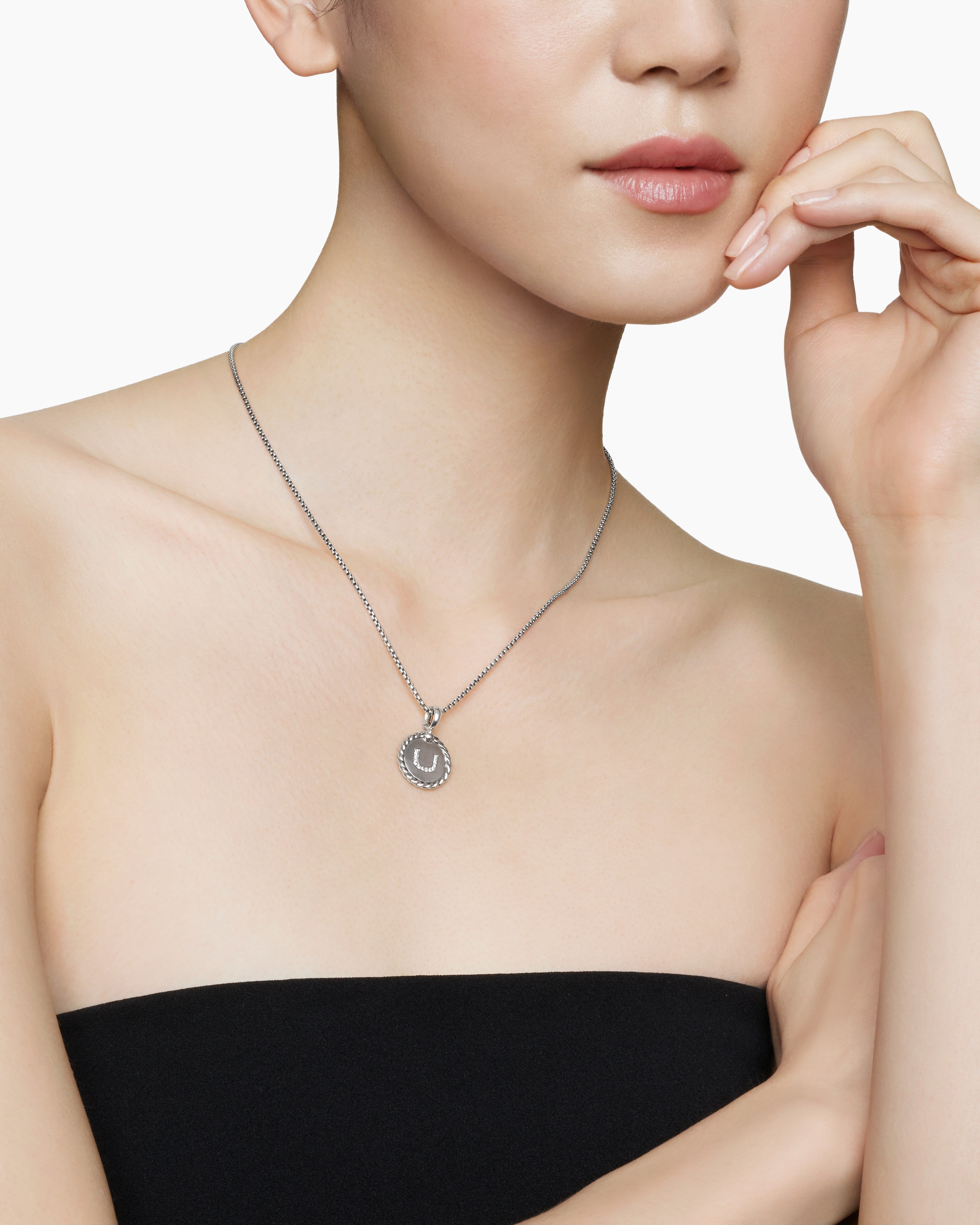 Initial Charm Necklace Sterling Silver with Diamond U