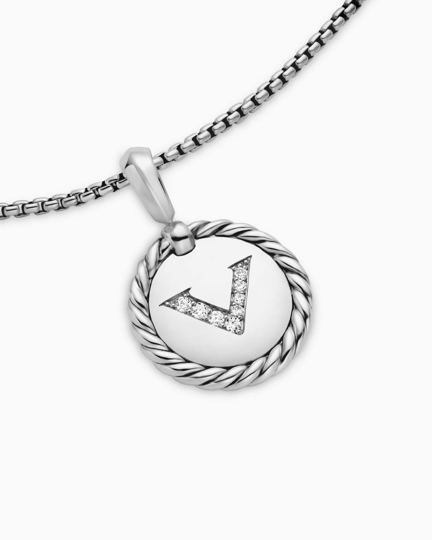 Initial Charm Necklace Sterling Silver with Diamond V